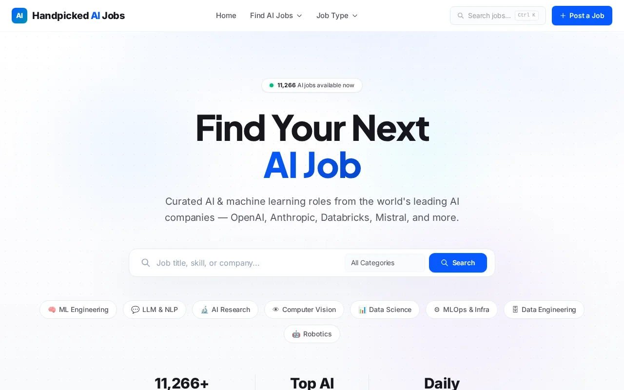 Handpicked AI jobs from 170 AI companies, sourced from career pages