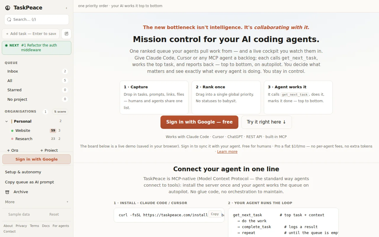 TaskPeace – a task queue my AI coding agents pull work from over MCP