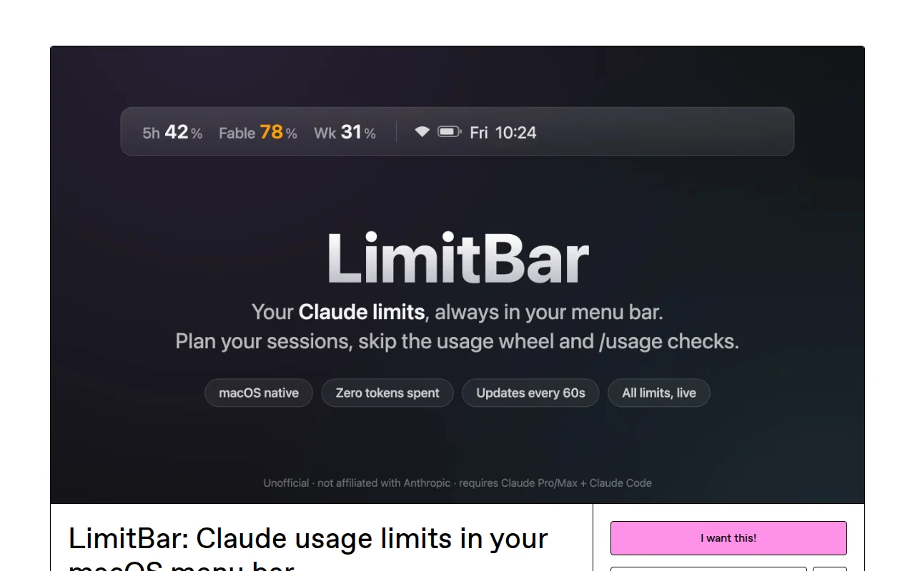 LimitBar, a macOS menu bar app showing your Claude usage limits