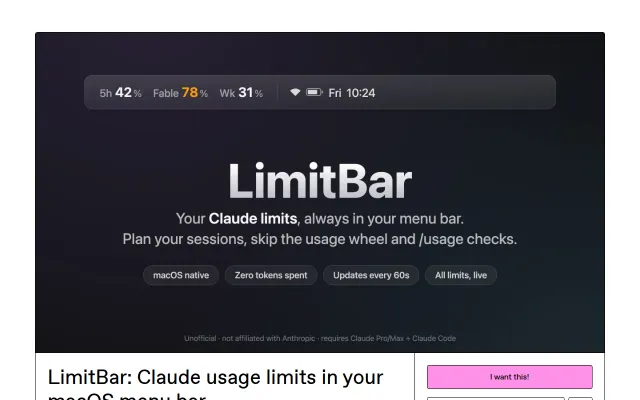 LimitBar, a macOS menu bar app showing your Claude usage limits