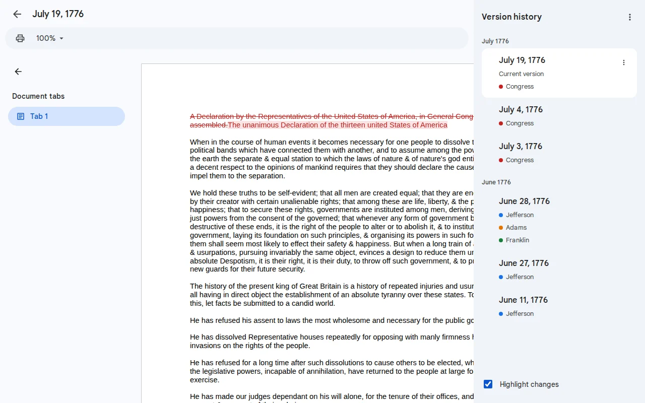 U.S. Declaration of Independence but as Google Doc Version History