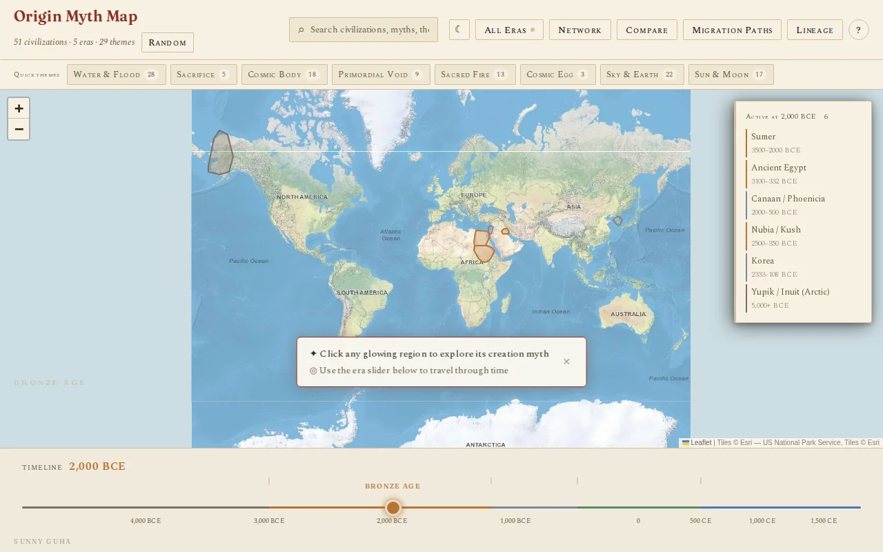Origin Myth Map-creation myths of civilizations on a world map