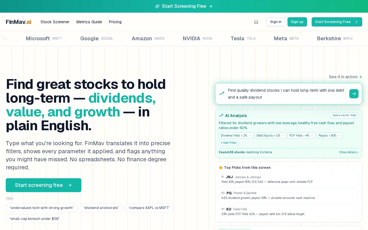 FinMav – Screen 3,000+ stocks by describing what you want in  English