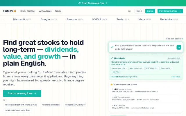 FinMav – Screen 3,000+ stocks by describing what you want in  English