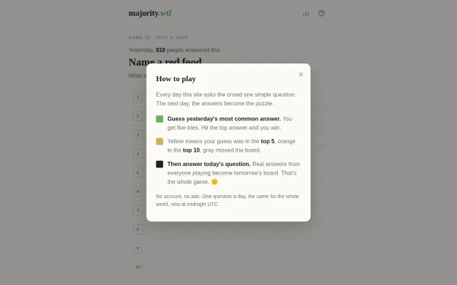 Majority.wtf · guess yesterday's most common answer to a question