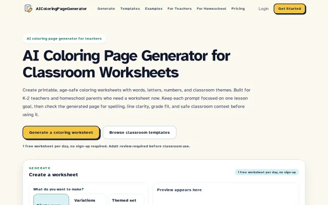 AI Coloring Page Generator for printable classroom worksheets