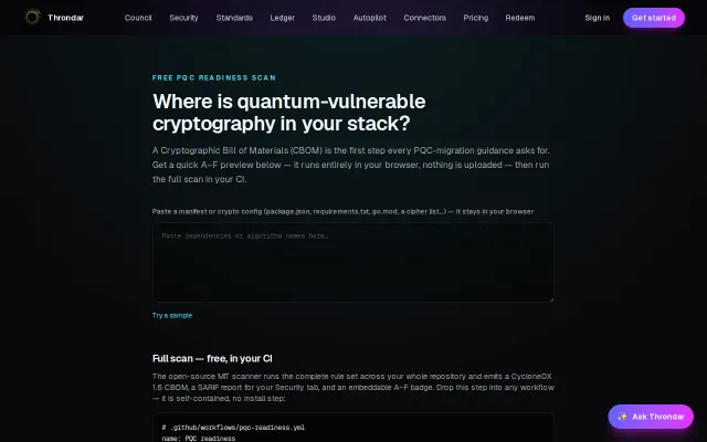 Grade your code's post-quantum crypto exposure A–F, free, in-browser