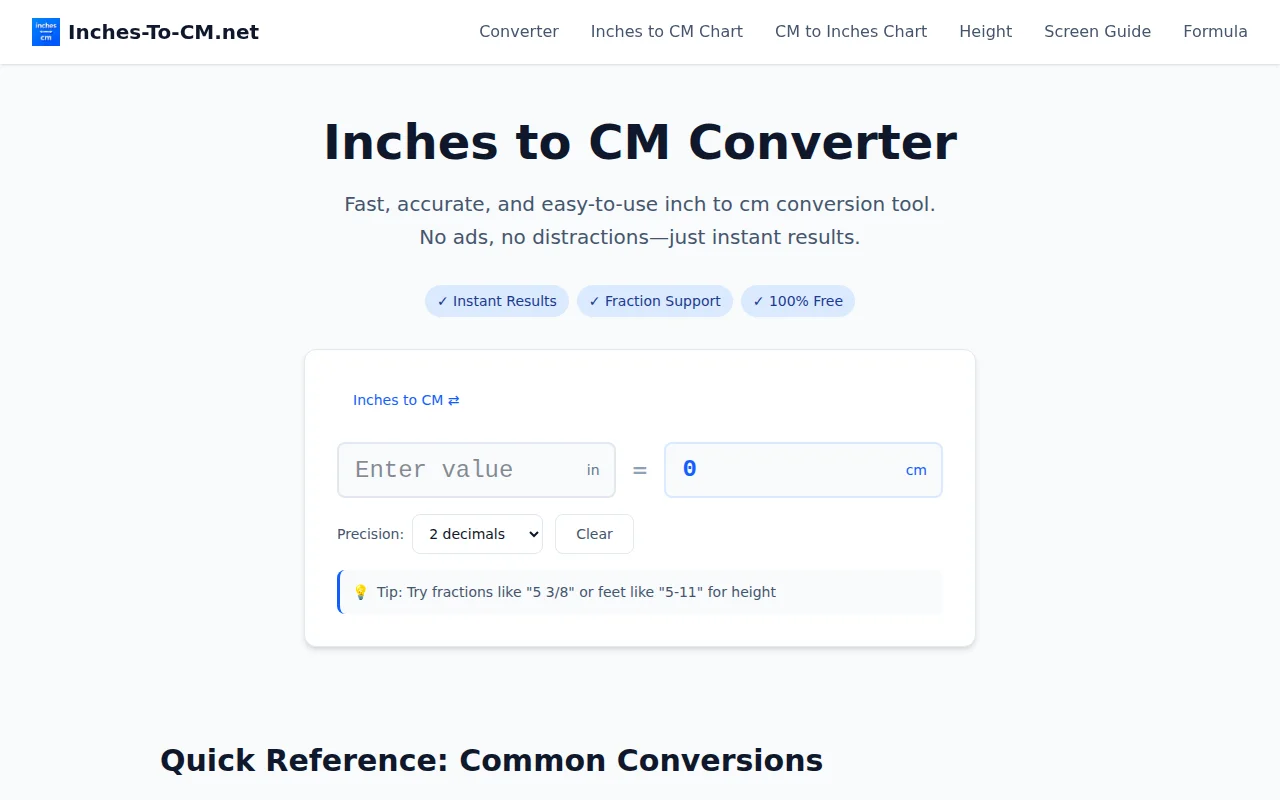 Inches to CM converter with charts and screen size references