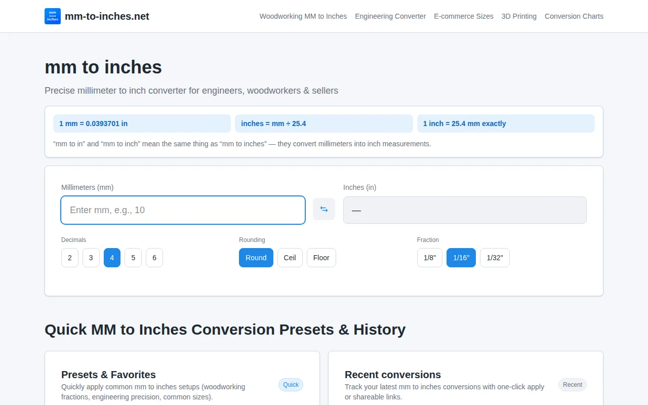 MM to Inches converter with fractional inch references