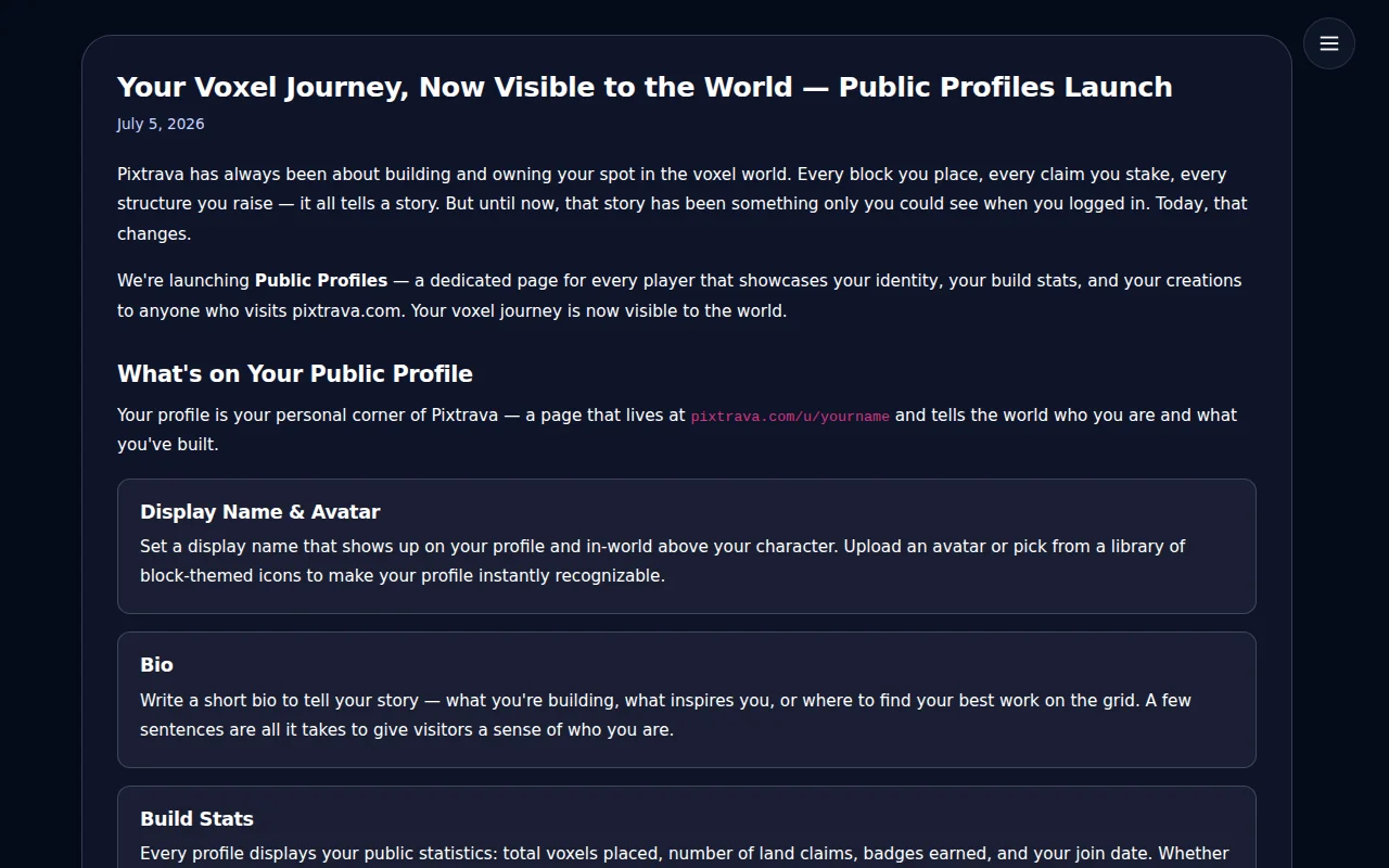 Pixtrava – Public Profiles for Our Persistent 3D Voxel World