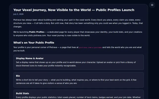 Pixtrava – Public Profiles for Our Persistent 3D Voxel World