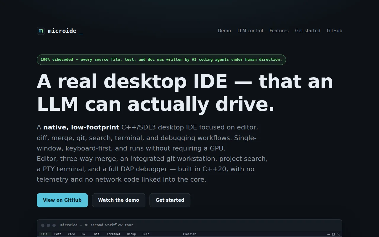 microide, a 100% vibecoded IDE that LLM agents can drive