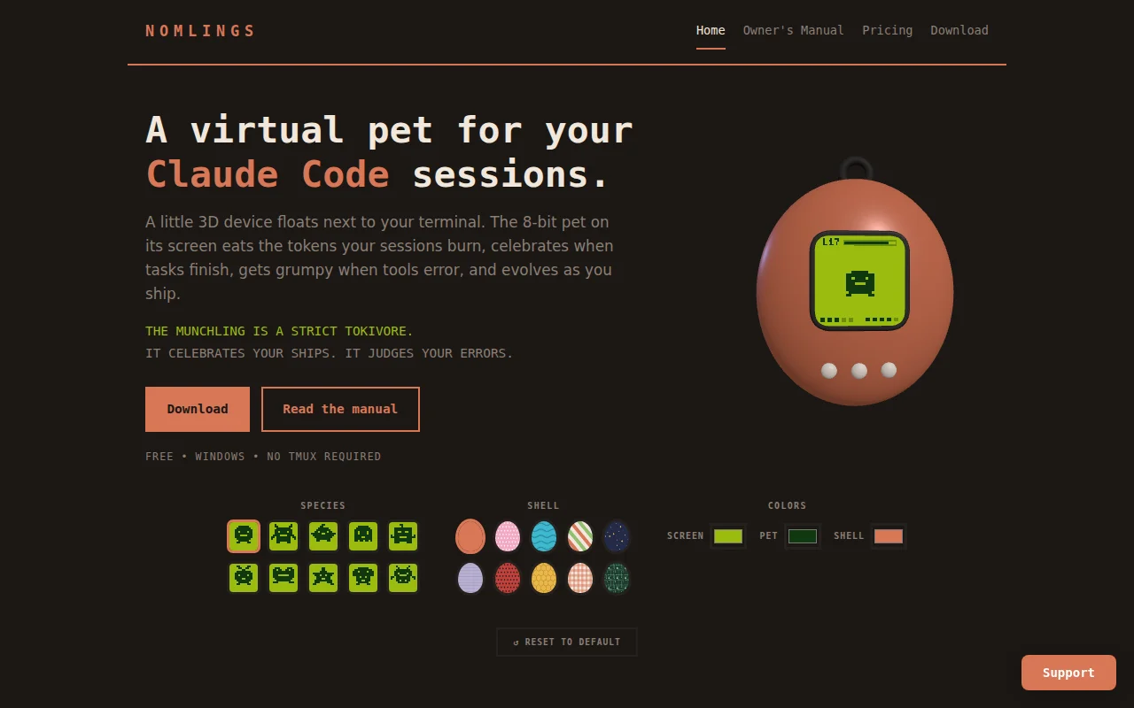 Nomlings – a virtual pet that eats your Claude Code session's tokens