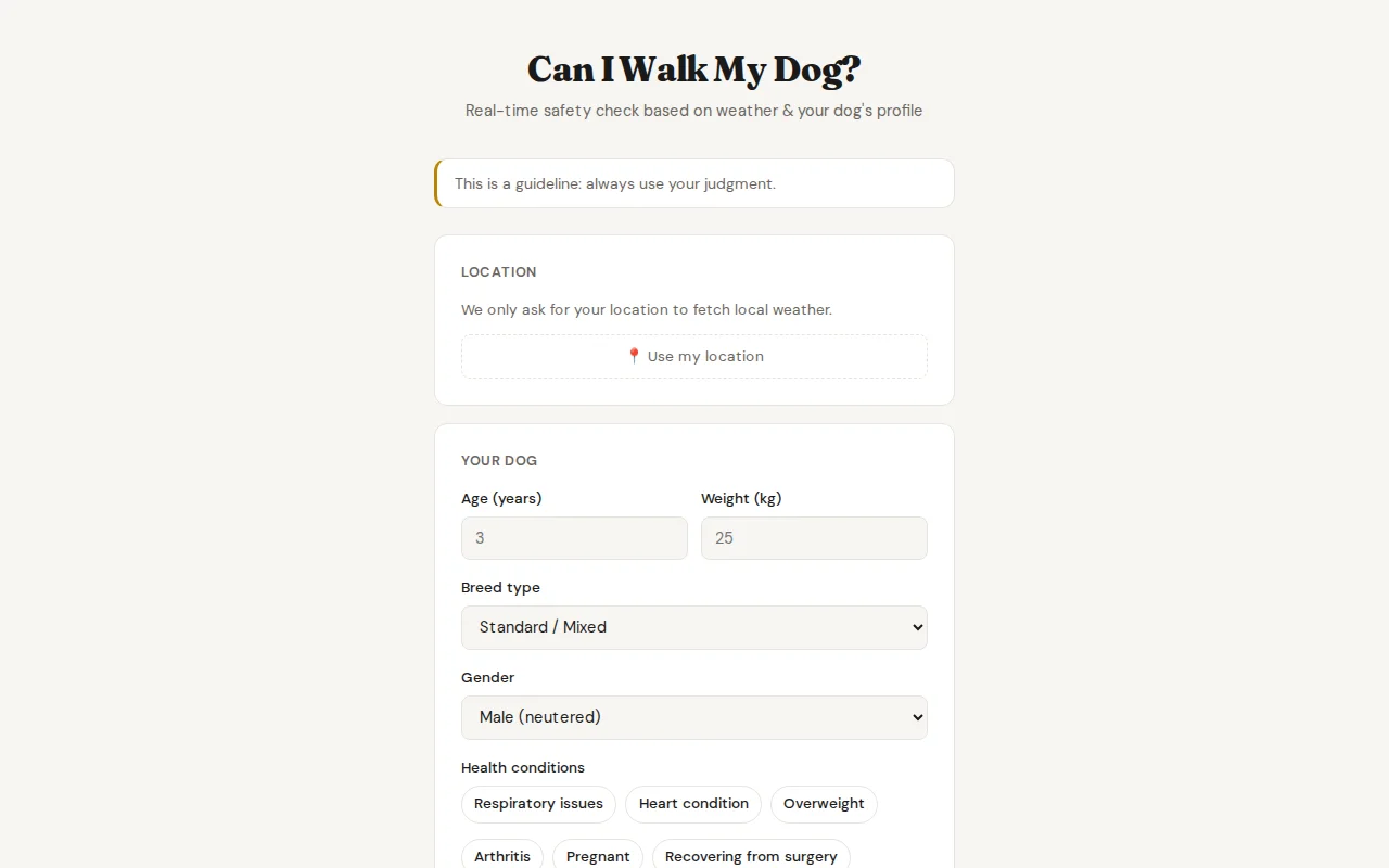 Can I Walk My Dog? Weather-based safety calculator for dog walks
