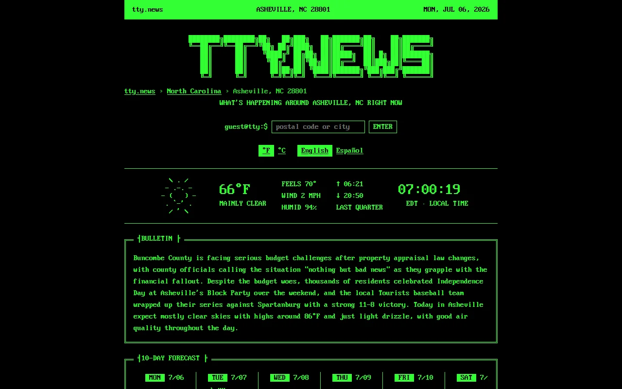 Terminal view of news and current events for cities across the globe