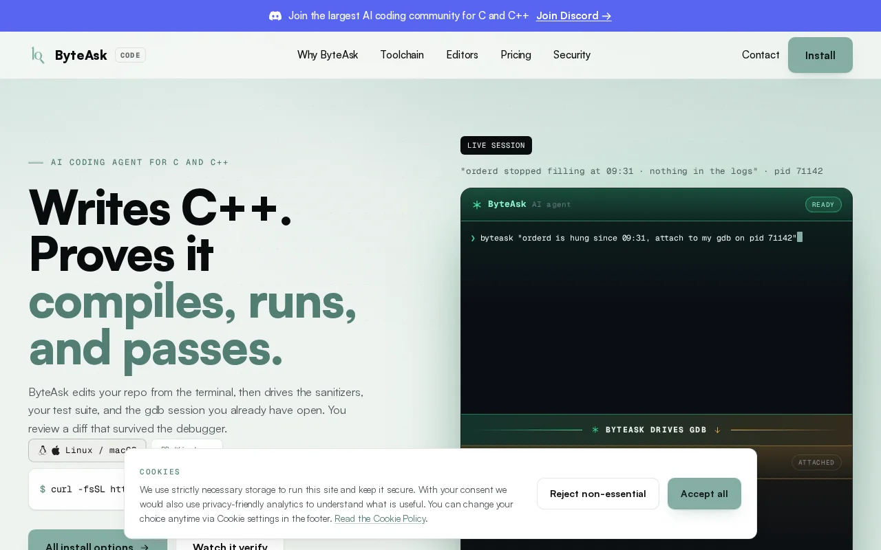 AI harness for C/C++ with GDB, sanitizers, perf and compile tools