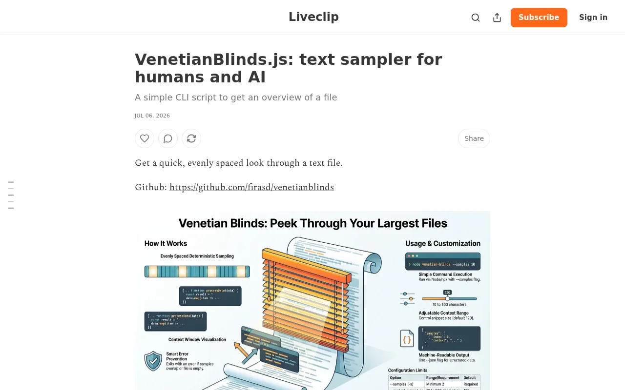 Venetianblinds.js – evenly spaced windows into text files