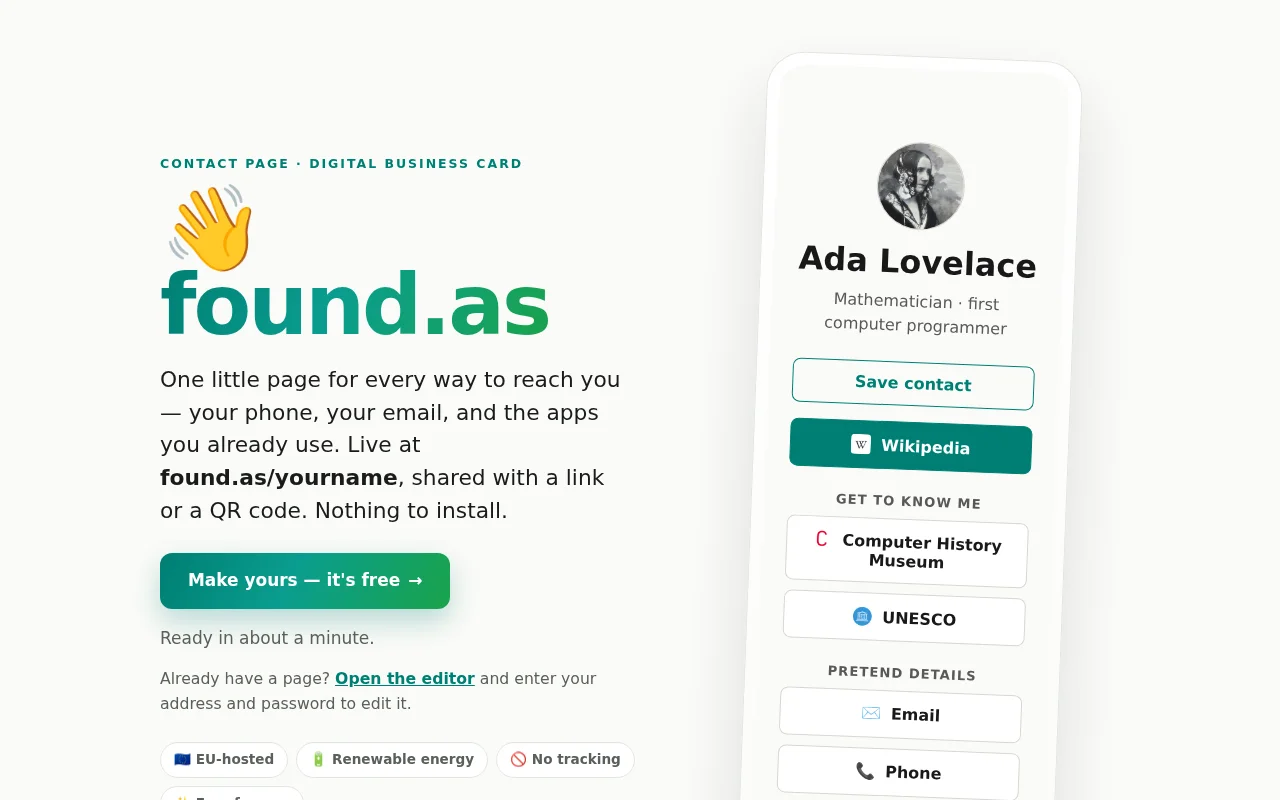 Found.as – small contact page / digital business card