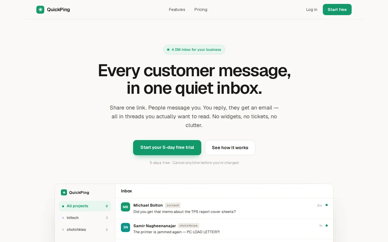 QuickPing – dead simple way for customers to get in touch with you