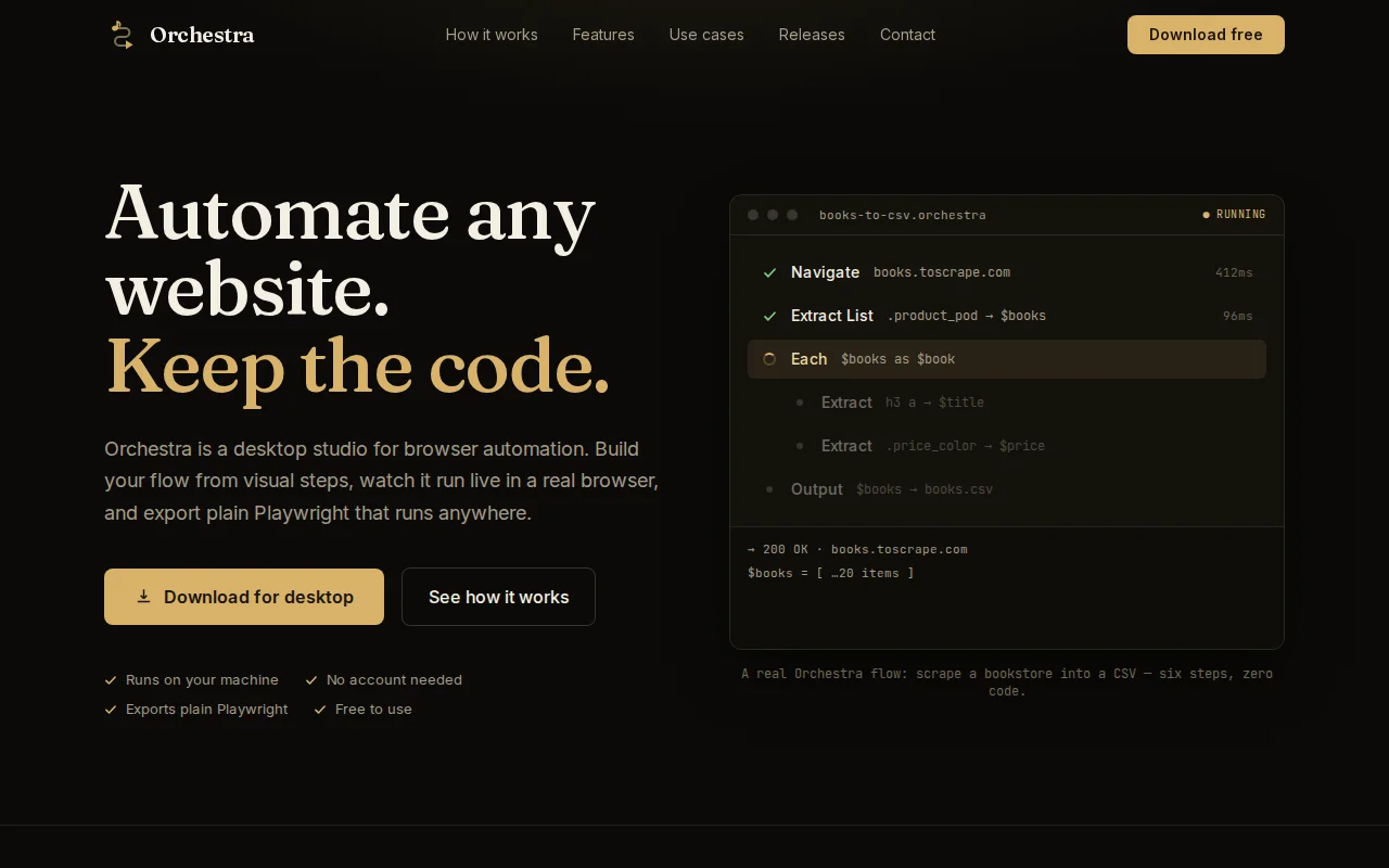 Orchestra – Browser automation tool with export plain Playwright