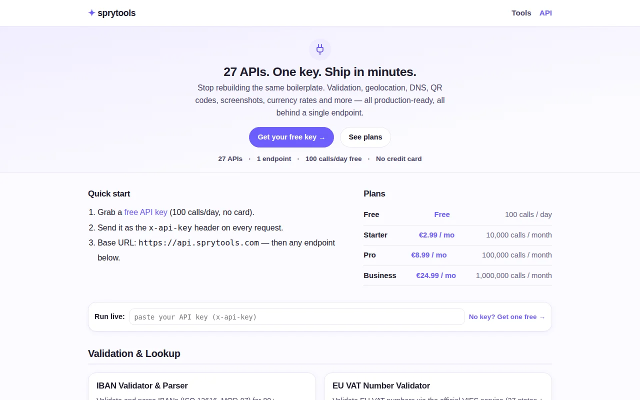 Sprytools – 26 small developer APIs behind one key