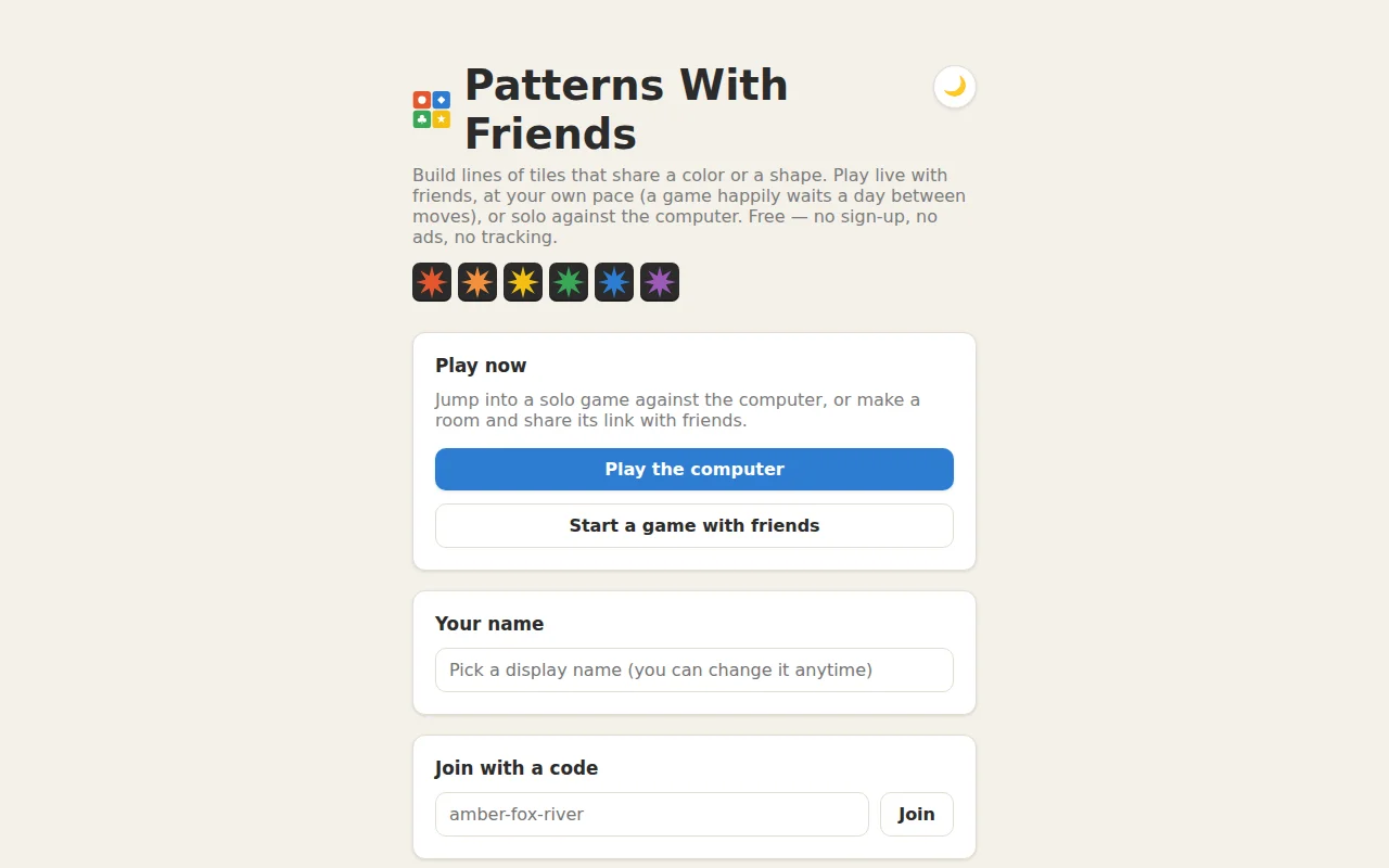 Patterns with Friends – free multiplayer tile game (no sign-up, no ads)