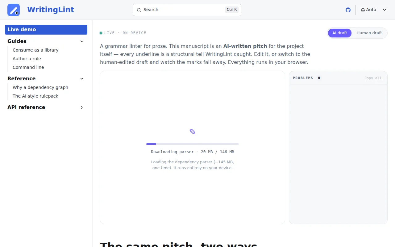 WritingLint – a prose linter with rules over a dependency graph