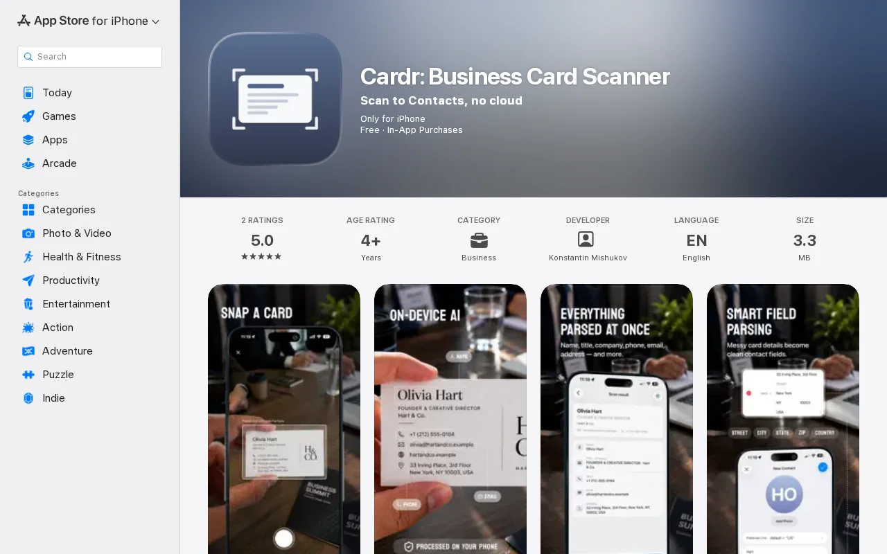 Cardr – On-device business card scanner (Apple Intelligence, no cloud)