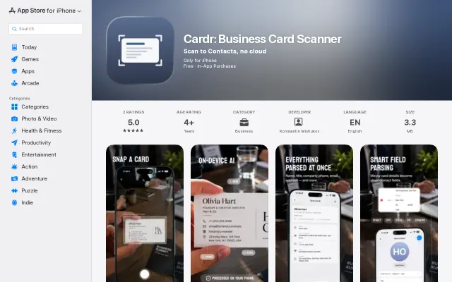 Cardr – On-device business card scanner (Apple Intelligence, no cloud)
