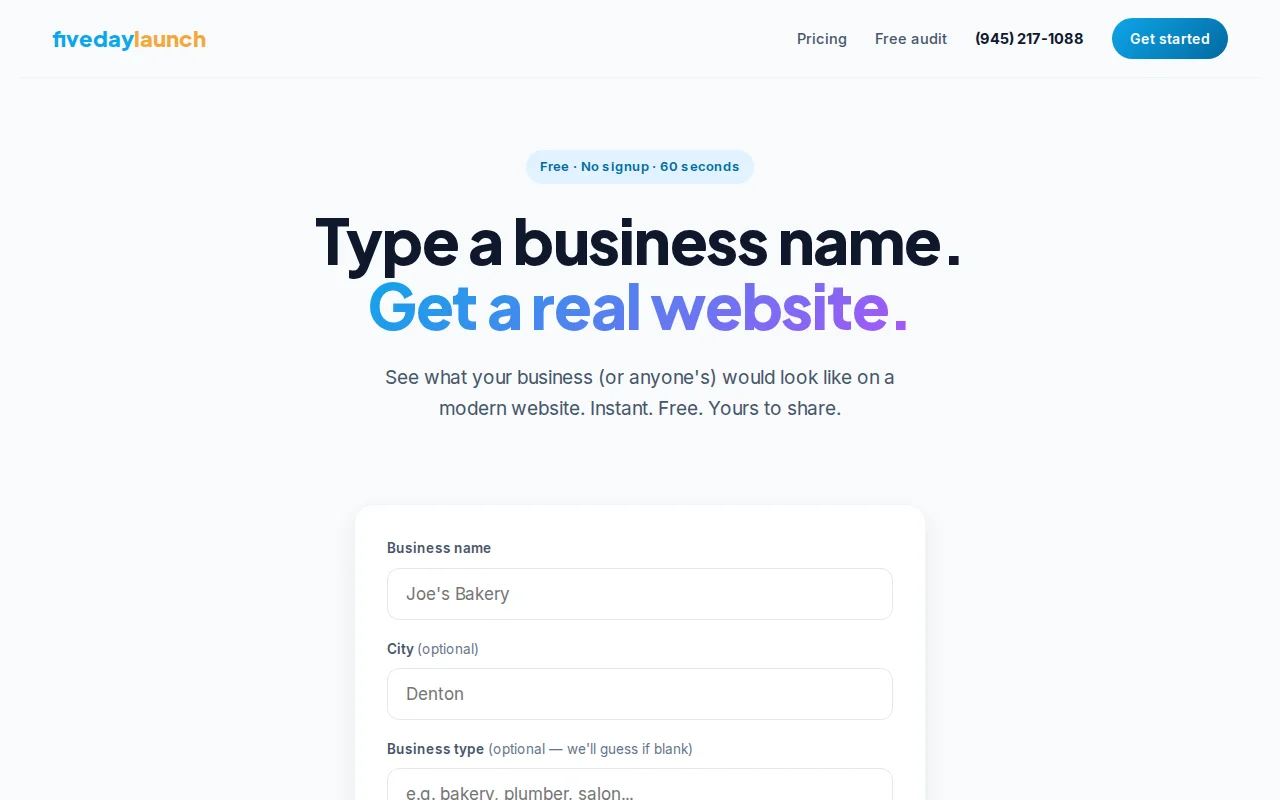 Type any business name, get a real website in 60 seconds