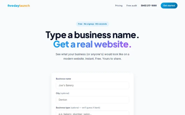 Type any business name, get a real website in 60 seconds