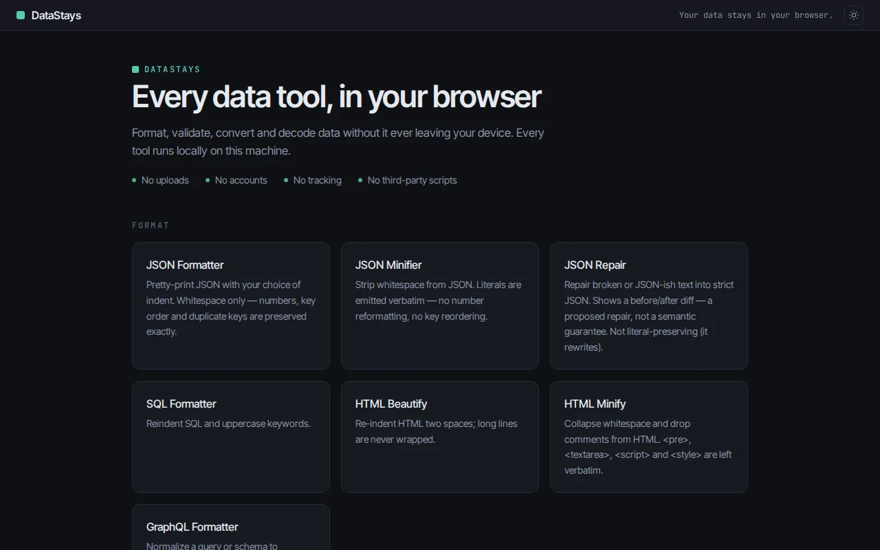 DataStays, developer data tools that run in the browser