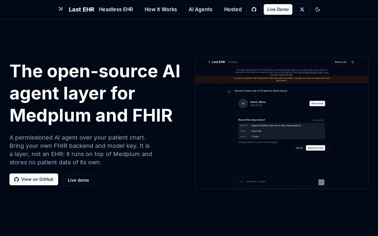 Last EHR – AI agent over a FHIR back end with human approval on writes
