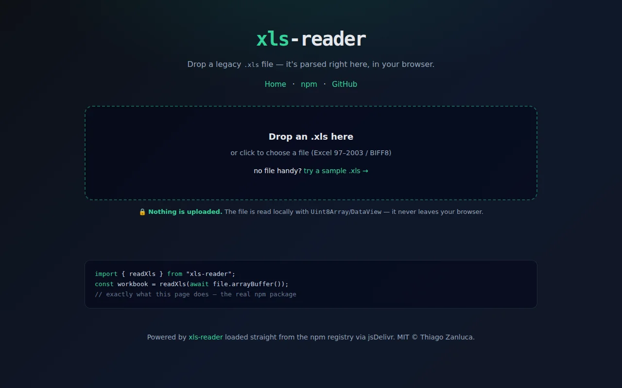 Xls-reader – read legacy .xls in the browser, no upload, zero deps