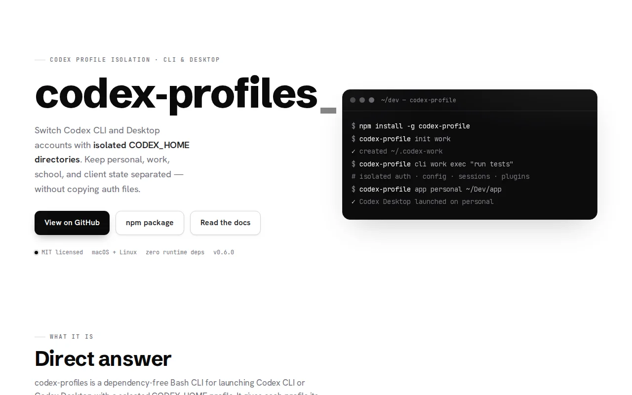 Codex-profiles – isolated Codex CLI/Desktop profiles