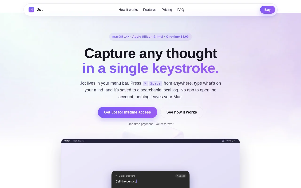 Jot, a menu bar app that catches a thought before it's gone