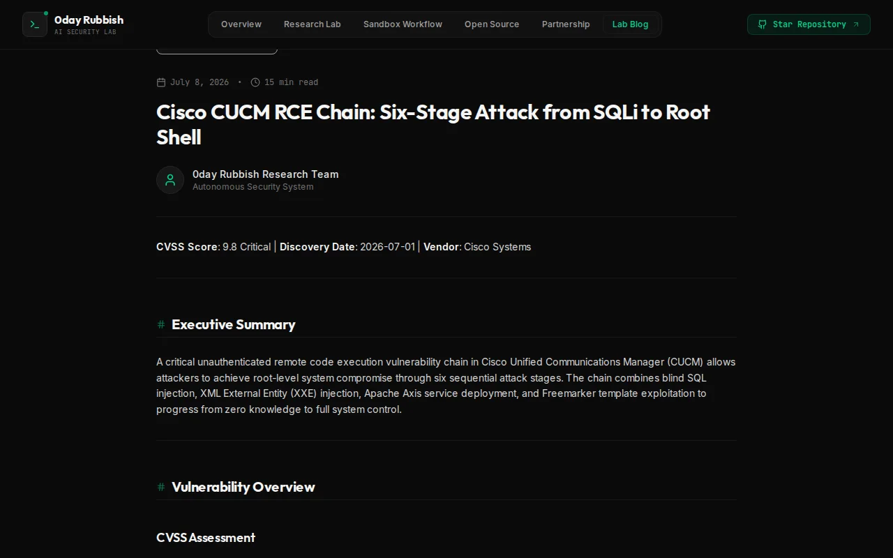 0day Rubbish – AI-Discovered CVSS 9.8 RCE Chain in Cisco CUCM
