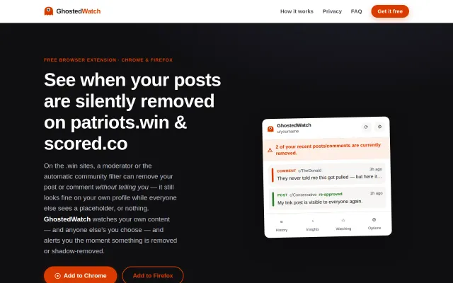 GhostedWatch, an extension that detects silent removals on patriots.win