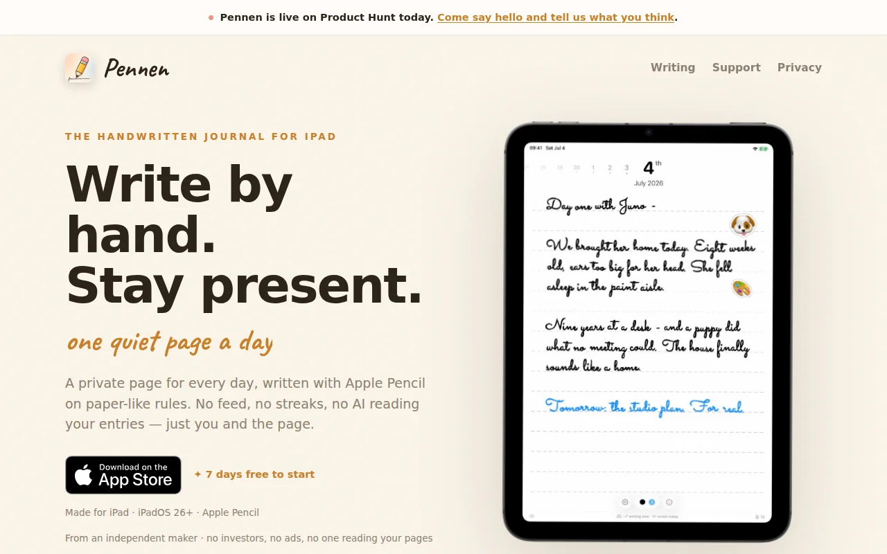 Pennen, a handwriting-only journal for iPad and Apple Pencil