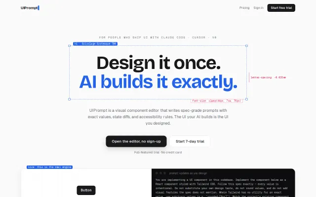 Design a component visually, get spec-grade prompts for AI tools