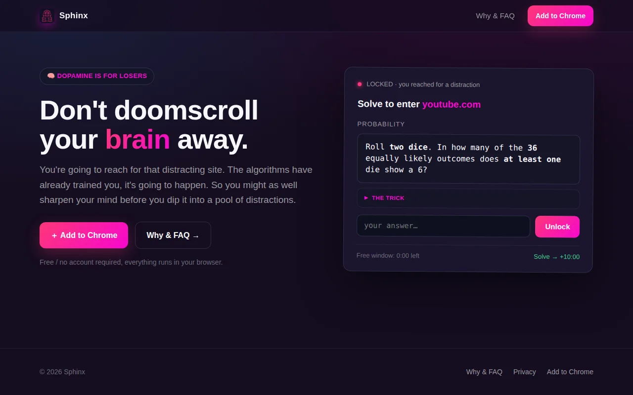 Block distracting sites with a math or coding problem