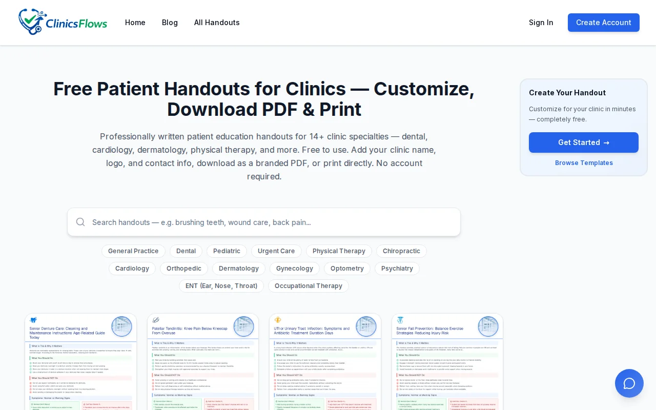 ClinicsFlows – 2000 free patient handouts, brand or AI-generate
