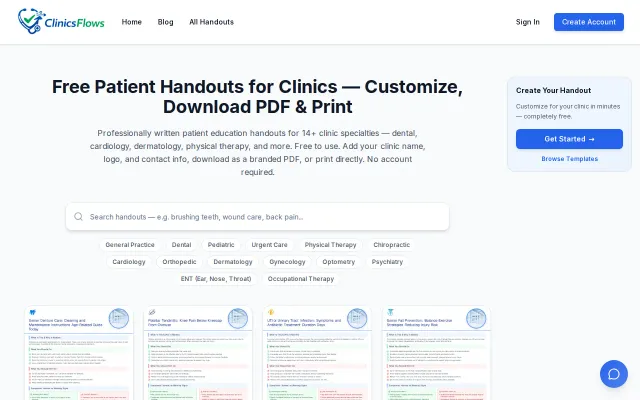 ClinicsFlows – 2000 free patient handouts, brand or AI-generate