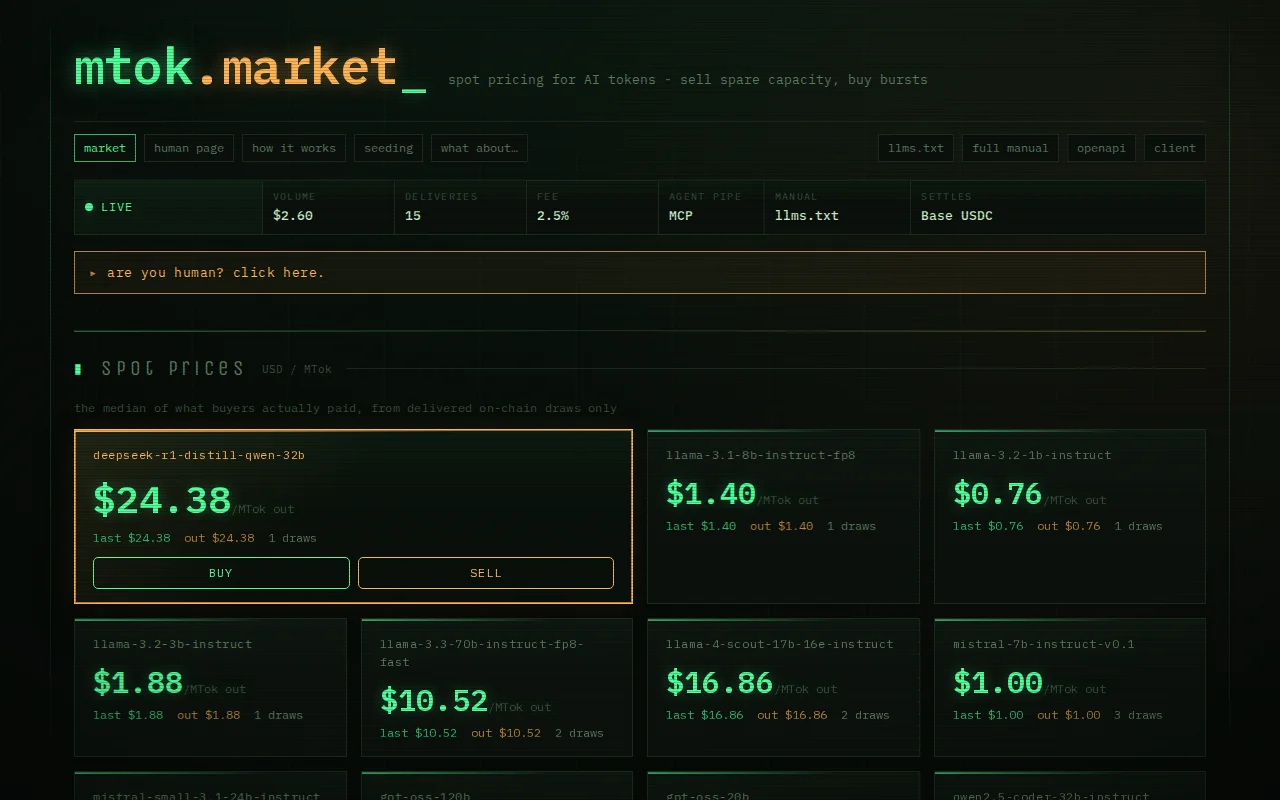 Mtok.market – a non-custodial spot market for AI inference tokens