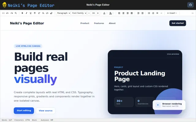 Embeddable visual HTML/CSS page editor