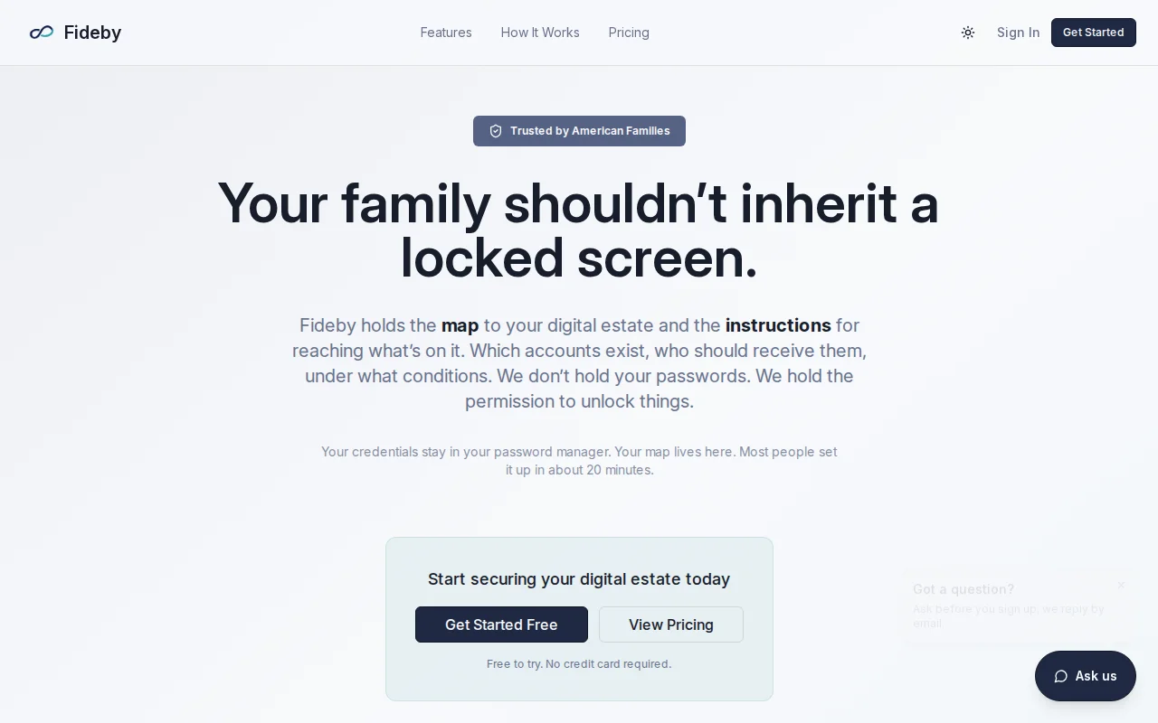 Fideby, instructions for accessing accounts after death (not passwords)
