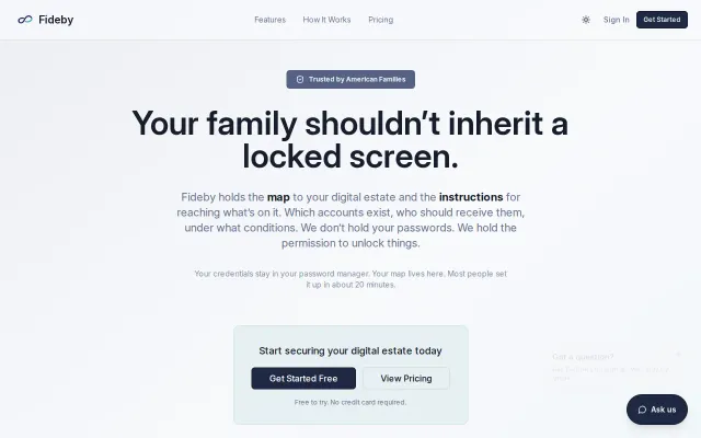 Fideby, instructions for accessing accounts after death (not passwords)