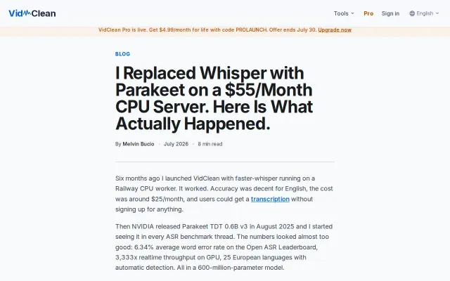 I replaced Whisper with Parakeet TDT on a $55/month CPU server