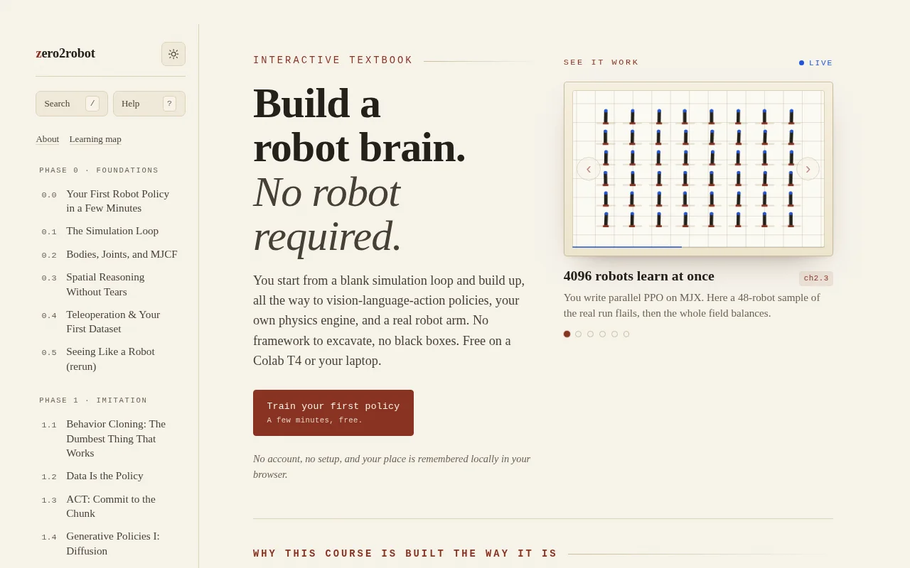 Zero2Robot – A free, from-scratch course on how robots learn