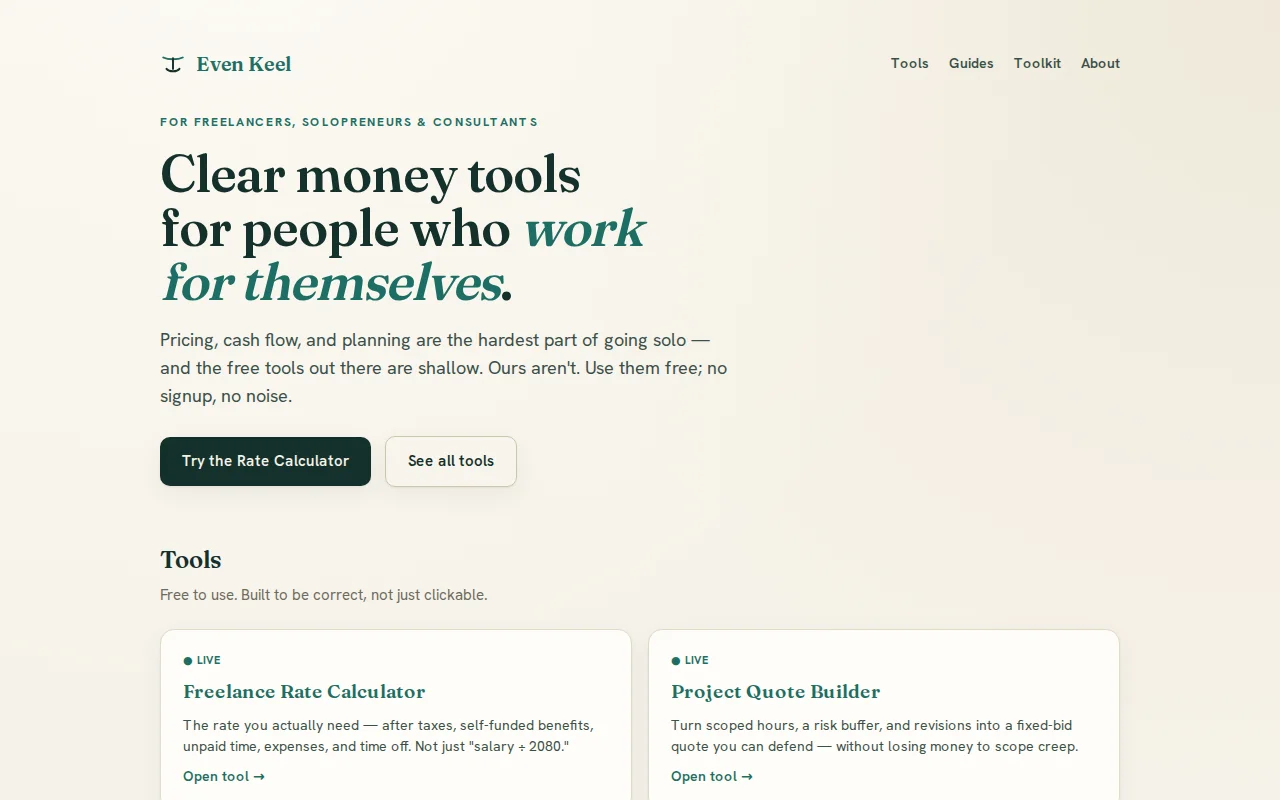 Even Keel – free, no-signup freelance pricing calculators
